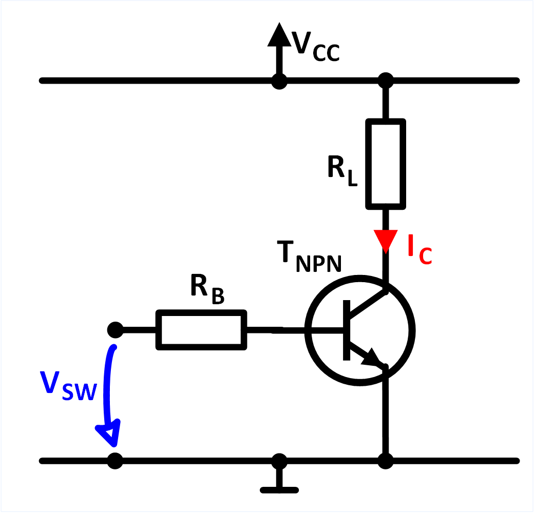 Bild mit Grundschaltung des NPN Transistors mit allen Elementen für den Betrieb als Schalter