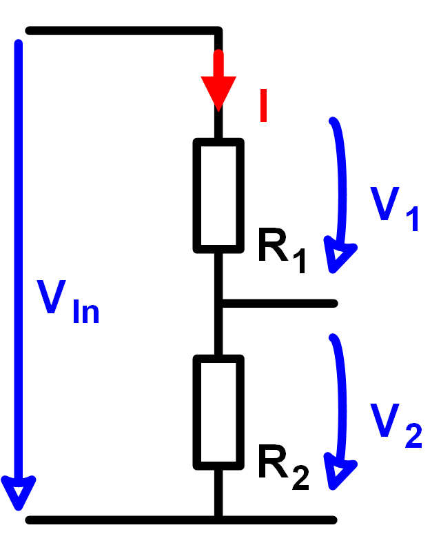 Das Grundschaltbild des Spannungsteilers mit zwei Widerständen und den Formelzeichen
